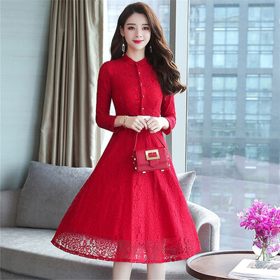 

2018 Autumn Lace Dress Work Casual Slim Fashion O-neck Sexy Hollow Out Dresses Women A-line Vintage Vestidos