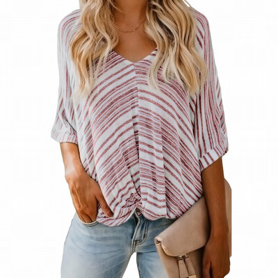 

Loose T-Shirt womens Autumn Contrast Stripe V-neck Cropped Sleeve Top