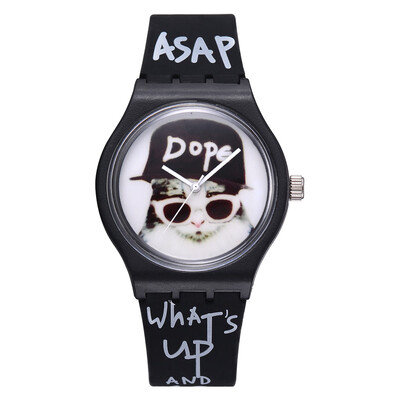 

British wind with letters student watch cute cat mirror silicone quartz watch