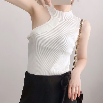 

Womens Summer Sleeveless Irregular Ruffles Tank Top Vintage Striped Solid Knitted Sports Tight T-Shirt