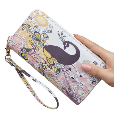 

Peacock Printed Purse Women Zip Faux Leather Wristlet Long Purse Phone Holder