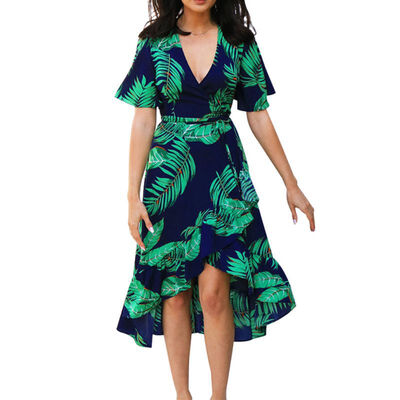

Womens V Neck A-Line Printed Short Sleeve Irregular Chiffon Maxi Dress