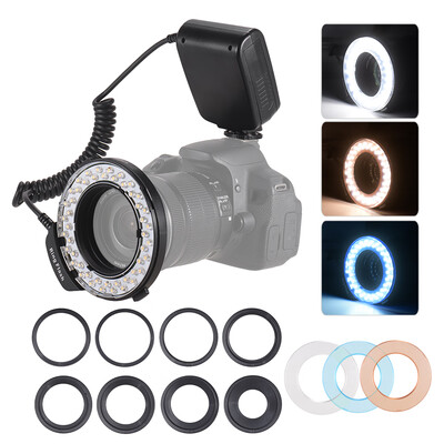 

HD-130 Macro LED Ring Flash Light LCD Display 3000-15000K GN46 Power Control with 3 Flash Diffusers 8 Adapter Rings for Canon Niko