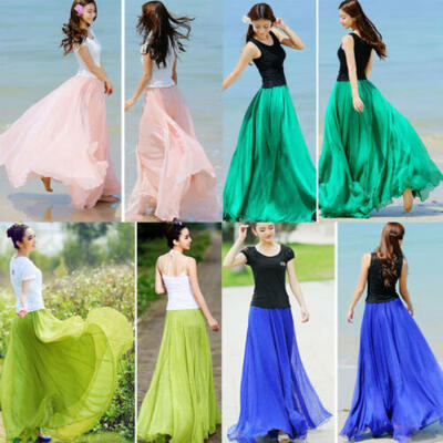 

USA Womens Boho Double Layer Chiffon Long Maxi Dress Beach Casual Sundress Skirt