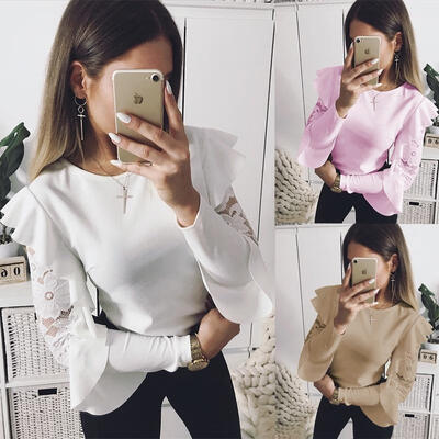 

Womens Lace Long Sleeve T-shirt Round Neck Blouse Casual Solid Loose Tops