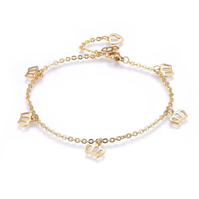 

304 Stainless Steel Charm Anklets with Lobster Claw Clasps&Cable Chains Crown Golden 9-78"25cm Charms 810x910x1mm