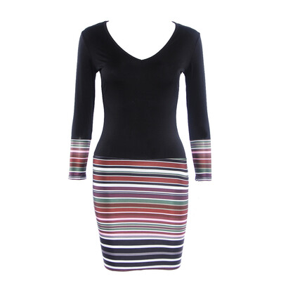 

Women Fashion Black Stitching Bodycon Striped 34 Sleeve Slim Mini Dress