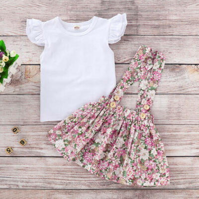

US 2Pcs Toddler Kid Baby Girls Tops T-shirt Floral Suspender Skirt Dress Outfits