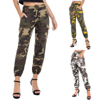 

Womens Cargo Pants Elastic Waist Jogger Skinny Trousers Side Pockets Camouflage