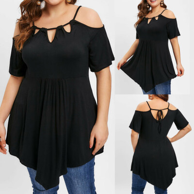 

Roseonmyhand Fashion Women Plus Size Solid O-Neck Cold Shoulder Short Sleeve Lace Up T-Shirt