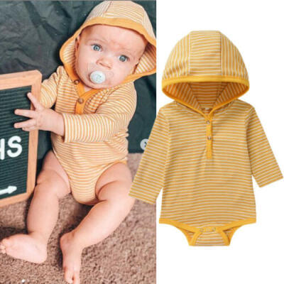 

Newborn Kid Baby Boy Girl Cotton Hooded Romper Jumpsuit Bodysuit Striped Outfit