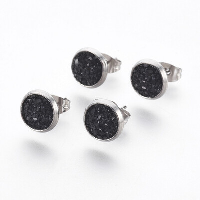 

304 Stainless Steel Stud Earrings with Resin Druzy Flat Round Black 14x10mm Pin 08mm