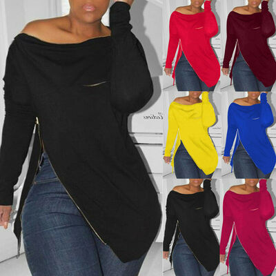 

Women Long Sleeve Asymmetrical Shirt Tops Crew Neck Ladies Blouse Jumper Zipper Top
