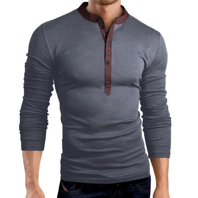 

Fashion Solid Color Multi-Button Big V Neck Slim Mens Long Sleeve T-Shirt Casual Male T Shirt Tee Top
