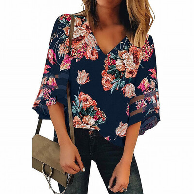 

Vintage printed shirt Womens V-neck speaker seven-point sleeve loose top