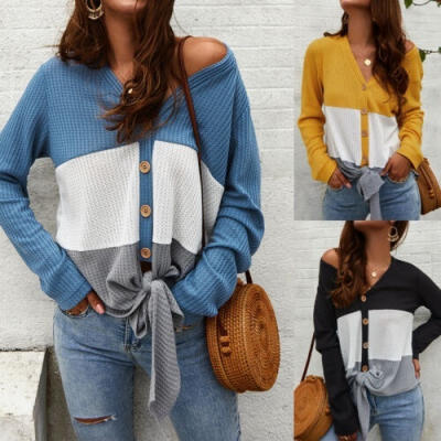 

Women knitted Blouse Tee Shirt Long Sleeve T-shirts Casual V Neck Tops Loose Plus Size