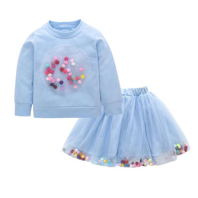 

Autumn 2pcs Girl Baby Clothes Set Long Sleeve Sweatshirt Skirt Pompon Decor