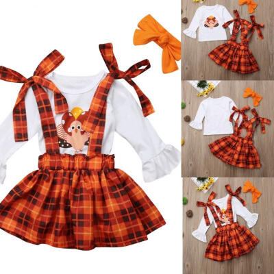 

Newborn Kid Baby Boy Girl Cotton Long Sleeve Tops T-shirt Braces Skirt Hairband 3Pcs Outfits Clothes Set Xmas