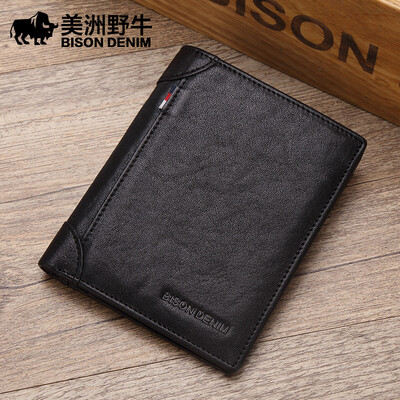 

American Buffalo Wallet Male Vertical Vegetable Tanned Leather Youth Small Wallet N4456-2B Black