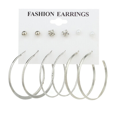 

EK493 6 Pairsset Earring Set European Simple Punk Crystal Pearl Small Ball Big Circle Round Hoop Earrings for Women Jewelry