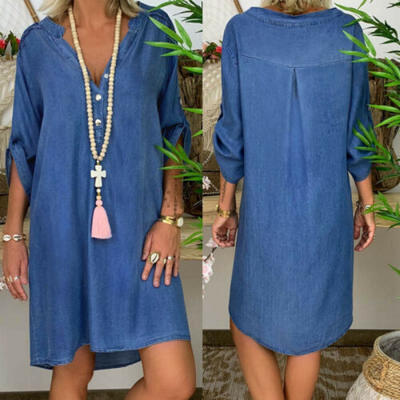 

Womens Blue Jeans Denim T-Shirt Long Sleeve Casual Loose Shirt Mini Dress