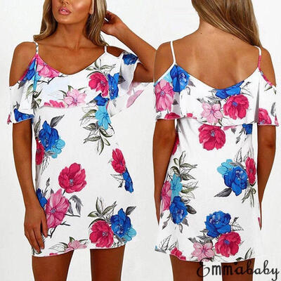 

Women Summer Flower Print Spaghetti Straps Short Sleeve Backless Beach Dress