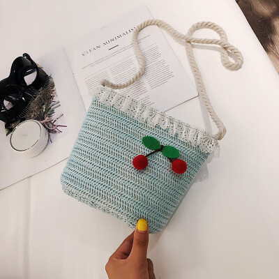 

2019 new cute cherry woven bag fashion temperament shoulder Messenger bag female casual wild shoulder bucket bag