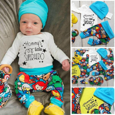 

Newborn Baby Boys Superhero T-shirt Pants Leggings Hat 3pcs Outfits Clothes Set