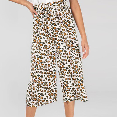

Tailored Women Casual Elastic Band Belt Leopard Print Lady Calf-Length Wide Leg Pants