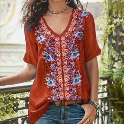 

Women Boho Embroidered Tops T Shirt Short Sleeve Blouse Lady V Neck Loose Shirts