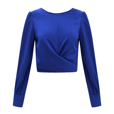 

Women Casual Top T-shirt Long Sleeved Round Neck Halter Cropped Solid Color Top Bow-knot Decoration Top T-shirt