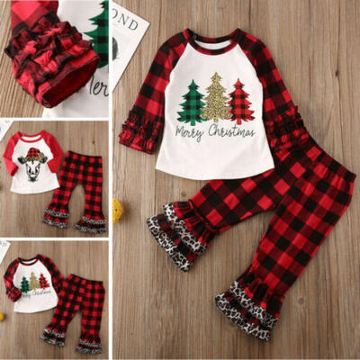 

Kids Baby Girl Clothes Merry Christmas Ruffle Tops T-shirt Plaids Pants Outfits