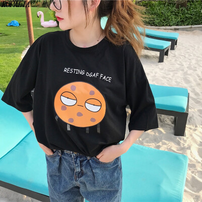 

Womens Round Neck Cartoon Expression Print Short Sleeve T-Shirt