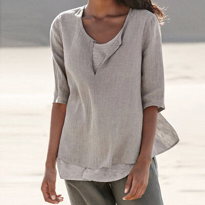

Starmoon Womens Loose Linen Casual Button V Neck Plus Size Solid Shirt Blouse Tunic Tops