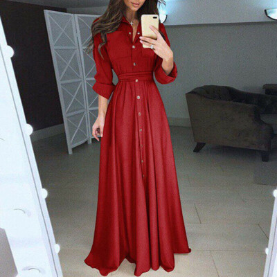 

Women Boho Long Sleeve Button Dowm Maxi Dress Evening Party Beach Bodycon Casual Shirt Dress