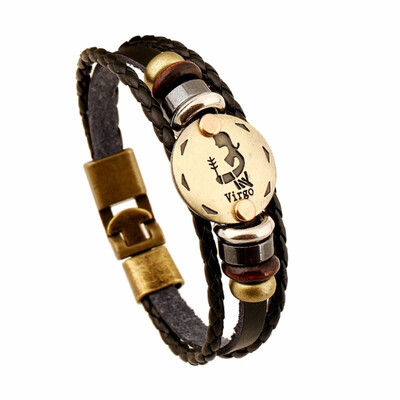 

Fashionable Bronze Alloy Buckles Zodiac Signs Bracelet Punk Leather Bracelet Wooden Bead & Black Hematite Lover Charm Jewelry
