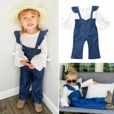 

Infant Kid Baby Girl Flare Sleeve Top Strap Trousers Jeans Pants Outfits Clothes