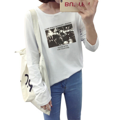 

Women Autumn Elegant Style Design Long Sleeve Printing Cartoon T-shirt Round Neck Wild Bottoming Shirt White