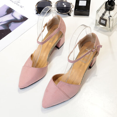 

Small fresh high-heeled shoes ladies sandals 2019 summer new Korean version of thick heel buckle Baotou thick heel women shoes