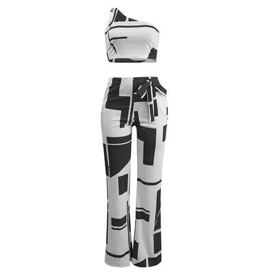

2pcs Women Print Set One Shoulder Sleeveless TopsWide Legs Bandage Pants