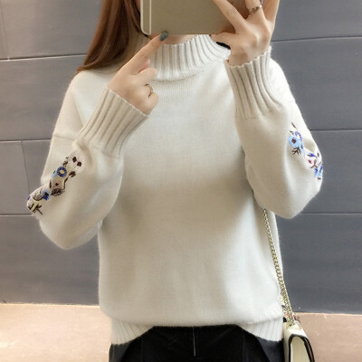 

Tailored Autumn Winter Sweater Women Embroidery Pullover Turtleneck knitting Basic Tops