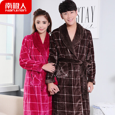 

Antarctic pajamas mens autumn&winter thick flannel couple pajamas ladies coral velvet robe plus long morning robe bathrobe home service NAS5X21022JD-1 female rose red grid L