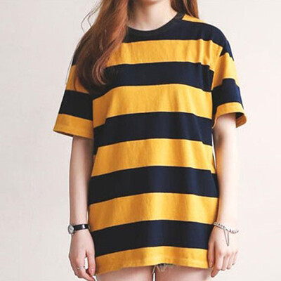 

Women Casual Loose Striped Short Sleeve Round Neck Long Shirt Blouse Tunic Tops