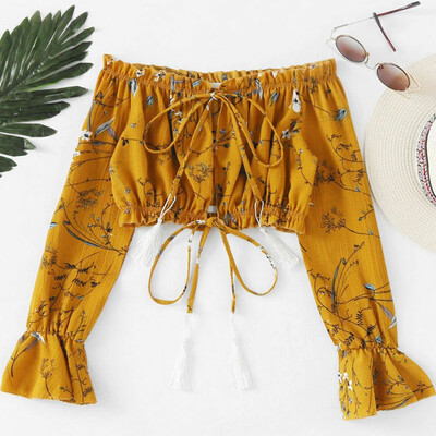 

Fashion Women Floral Long Sleeve Loose Casual Off Shoulder Crop Top Blouse