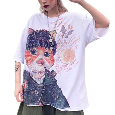 

Harajuku Style Japanese Women Cartoon T Shirts Oversize Short SleevesHip Hop Streetwear White Tees Kawaii Cute Cotton Tops