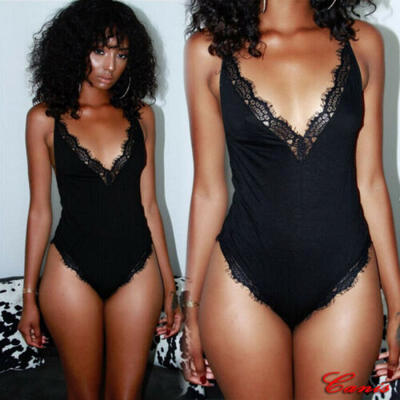 

Women Full Lace Bodysuit Lingerie Sleeveless V Neck Stretch Leotard Jumpsuit Top