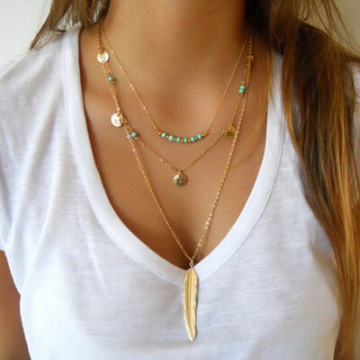 

Bohemian Gold Color Multi Layer Moon Pendant Necklace For Women Long Chain Sequined Choker Collar Necklace Fashion Jewelry Gift