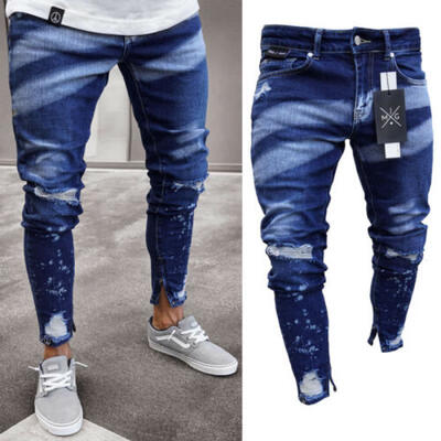

Mens Stretchy Ripped Skinny Biker Jeans Destroyed Taped Slim Fit Denim Pants CA