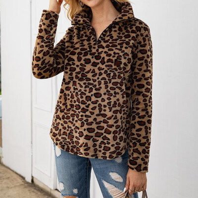 

Hoody Women Plush Sweatshirt Zipper Leopard Print Lapel Long Sleeve Casual Warm Winter Autumn Loose Tops White Gray