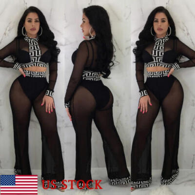 

USA STOCK Women Sexy 2 Piece Club Set Bodycon Romper Jumpsuit Crop Top Pant Suit